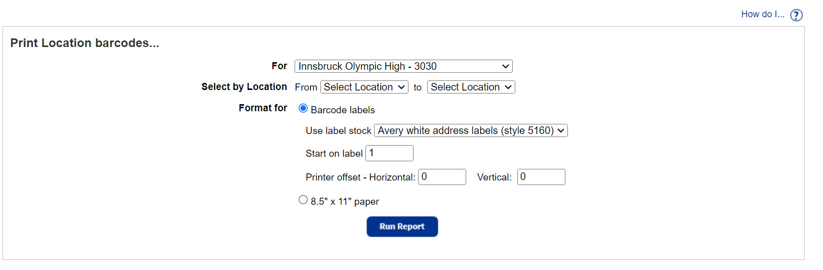 Print location barcodes page